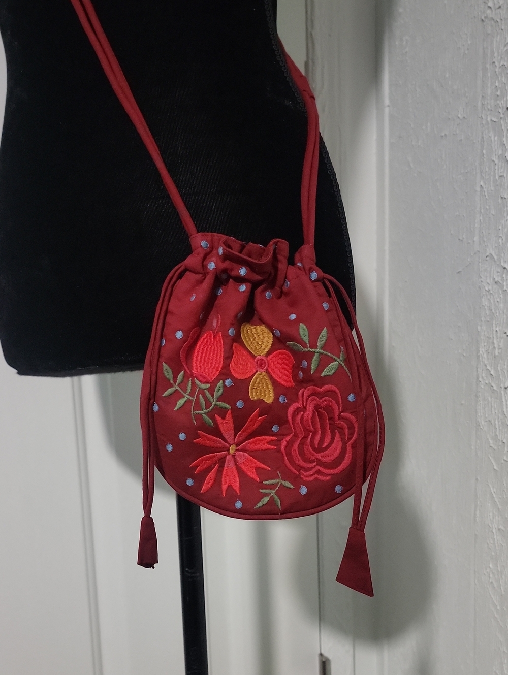 Gudrun Sjöden Red Embroidered Drawstring Mini Crossbody Bag
